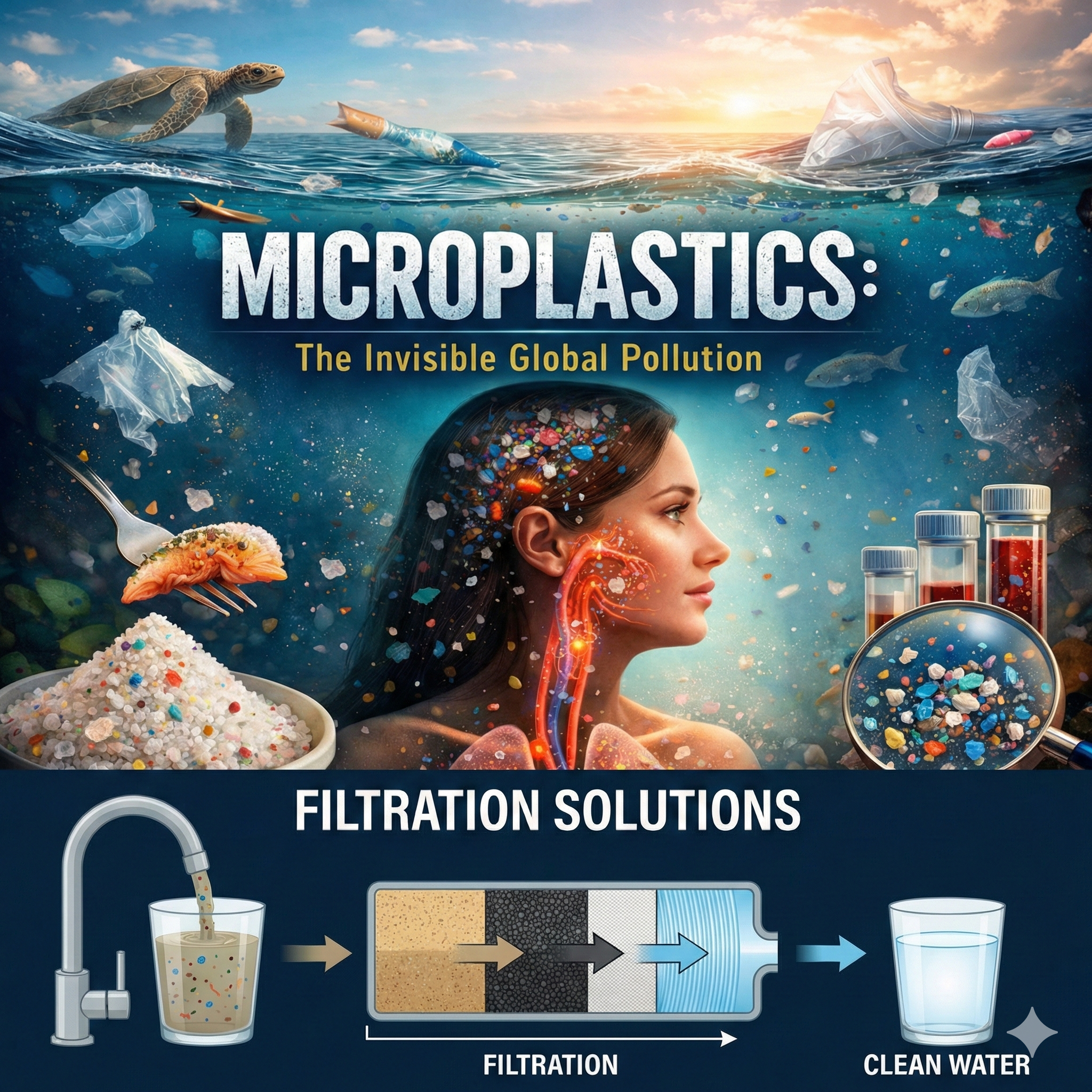 Microplastics: The Invisible Global Pollution Crisis , How Plastic Particles Enter Our Oceans, Food, Air, and Bodies — And What We Can Do About It