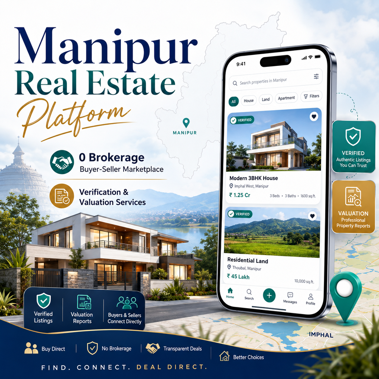 Manipur Real Estate Platform PHP MySQL Website – 0 Brokerage Buyer Seller Property Marketplace with Verification & Valuation Services
