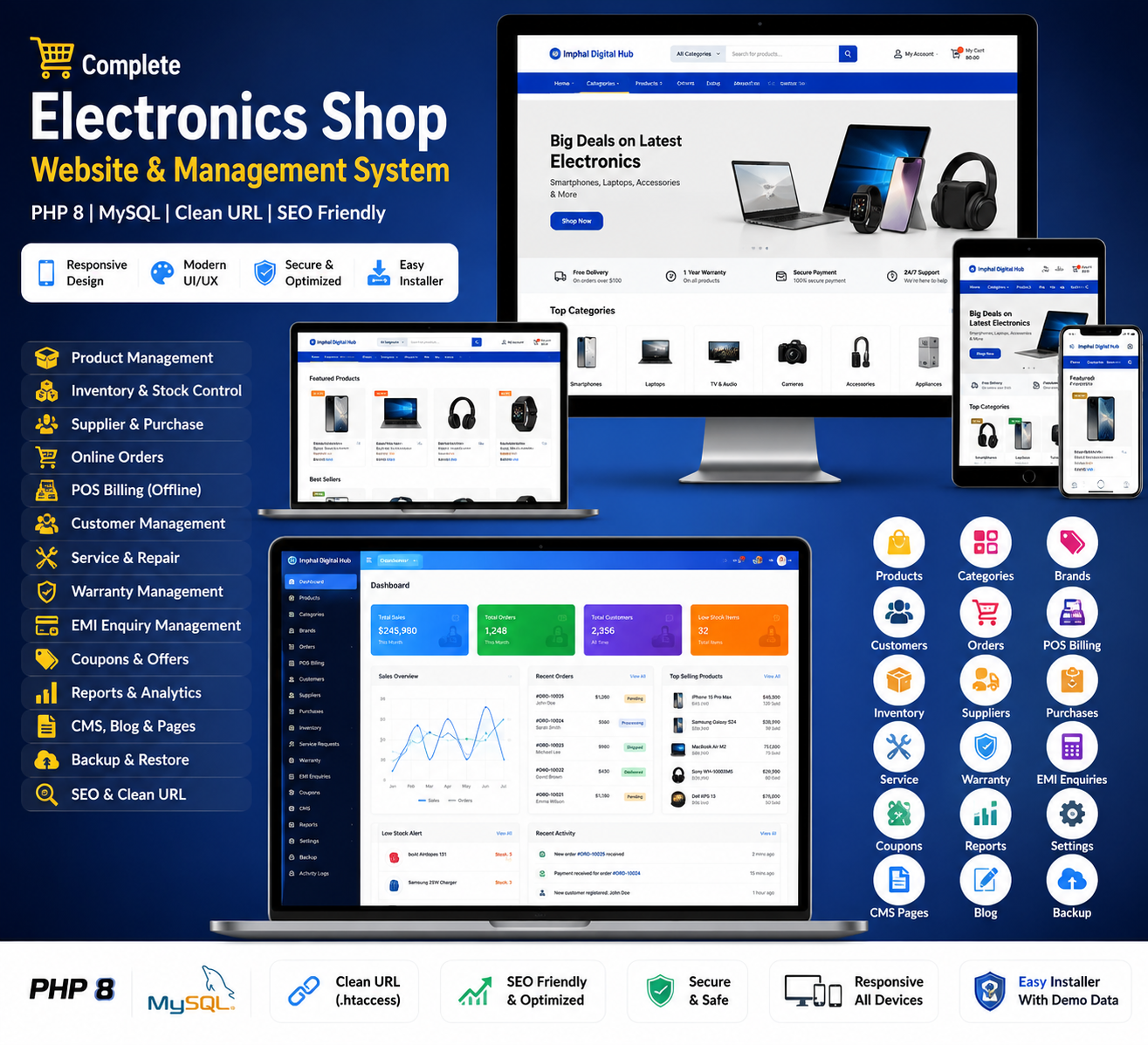 Electronics Shop Website & Management System PHP Script with POS, Inventory, Orders, Repair, Warranty & Installer