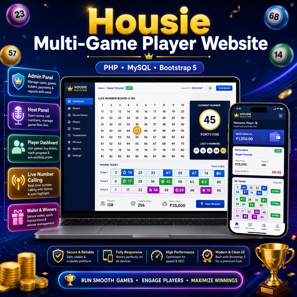 Housie Multi-Game Player Website PHP MySQL Script with Admin, Host & Player Panel