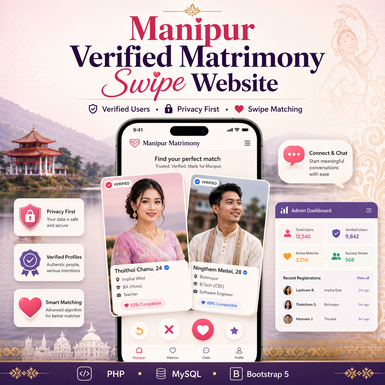 Manipur Verified Matrimony Swipe Website – PHP MySQL Bootstrap 5 Matrimonial Platform