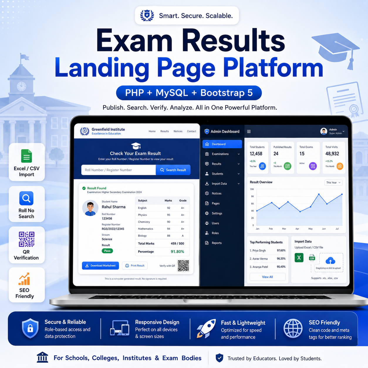 Exam Results Landing Page Platform – PHP MySQL Multi-School Result Management System with Excel Import & QR Verification