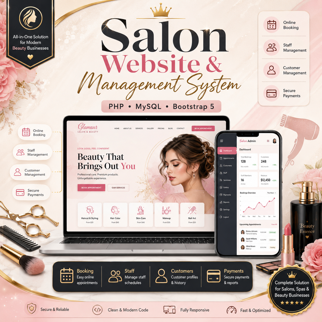 Salon Website and Management System PHP MySQL Bootstrap 5 with Online Booking