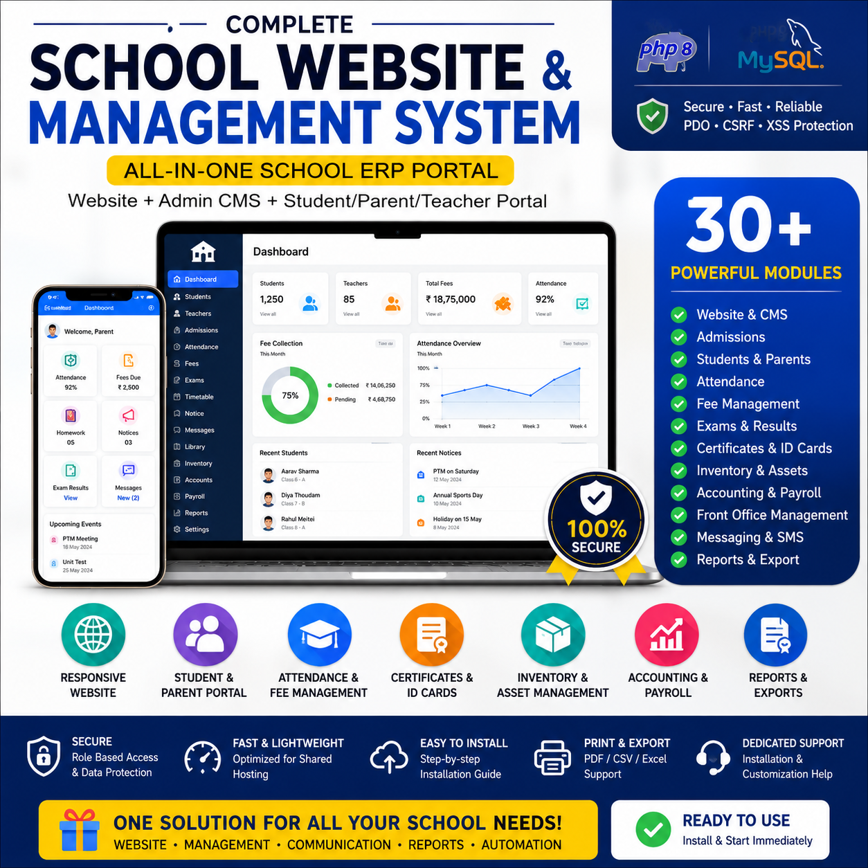 Complete School Website & Management System – PHP MySQL School ERP Portal