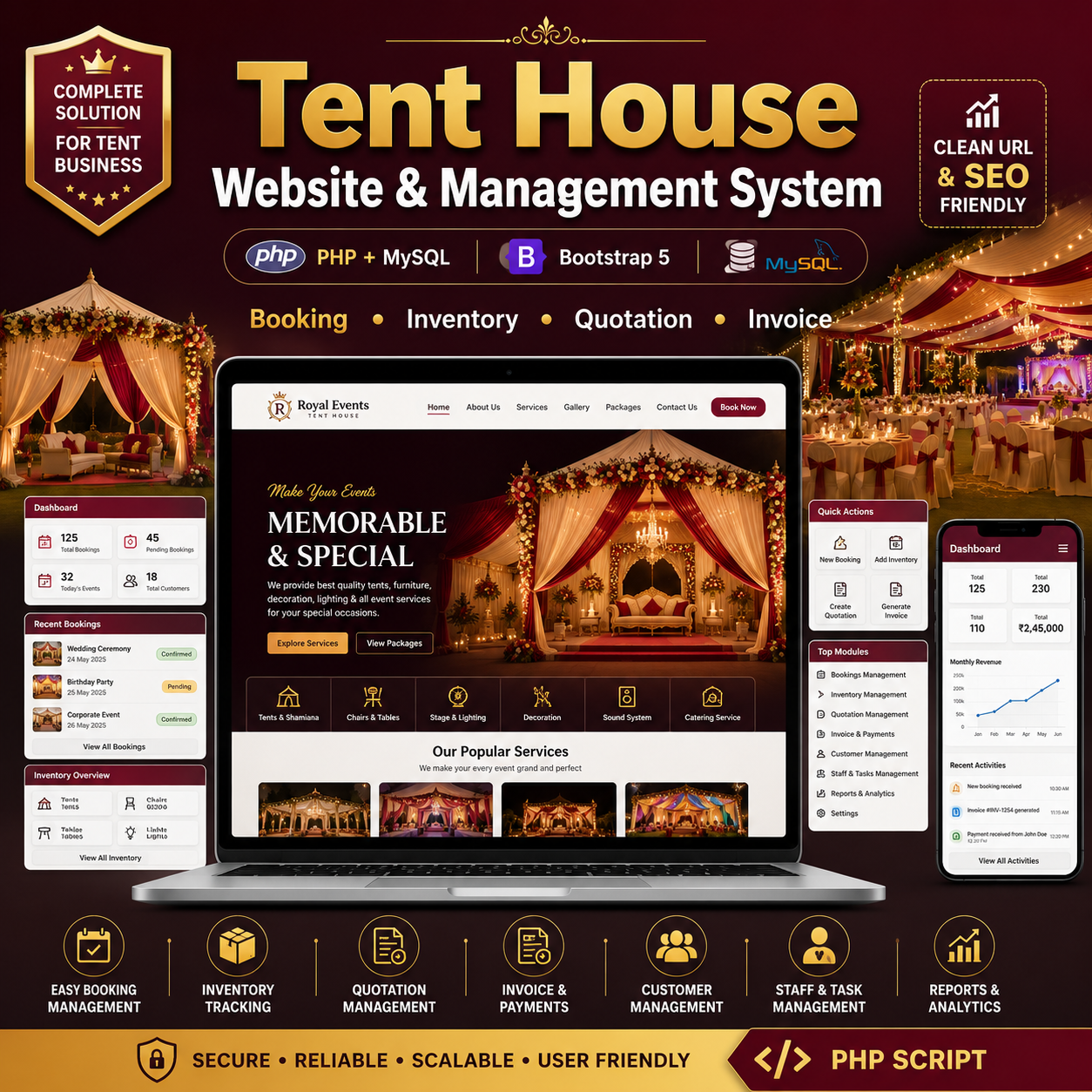 Tent House Website and Management System PHP Script with Booking, Inventory, Quotation & Invoice
