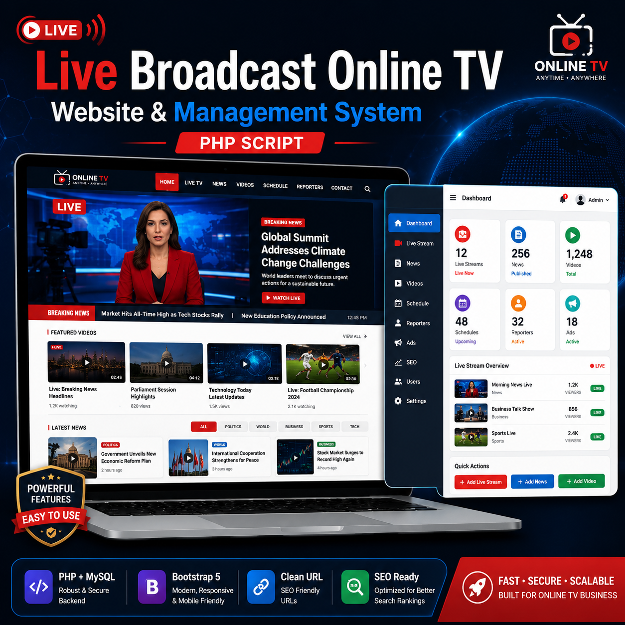 Live Broadcast Online TV Website & Management System PHP Script